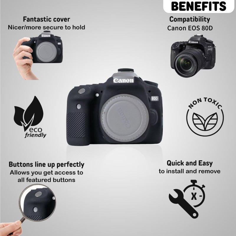 STSEETOP Camera Case for Canon EOS 80D - Silicone Protective DSLR Skin Cover, Detachable Cage, Shockproof, Dustproof (Black) - Image 3